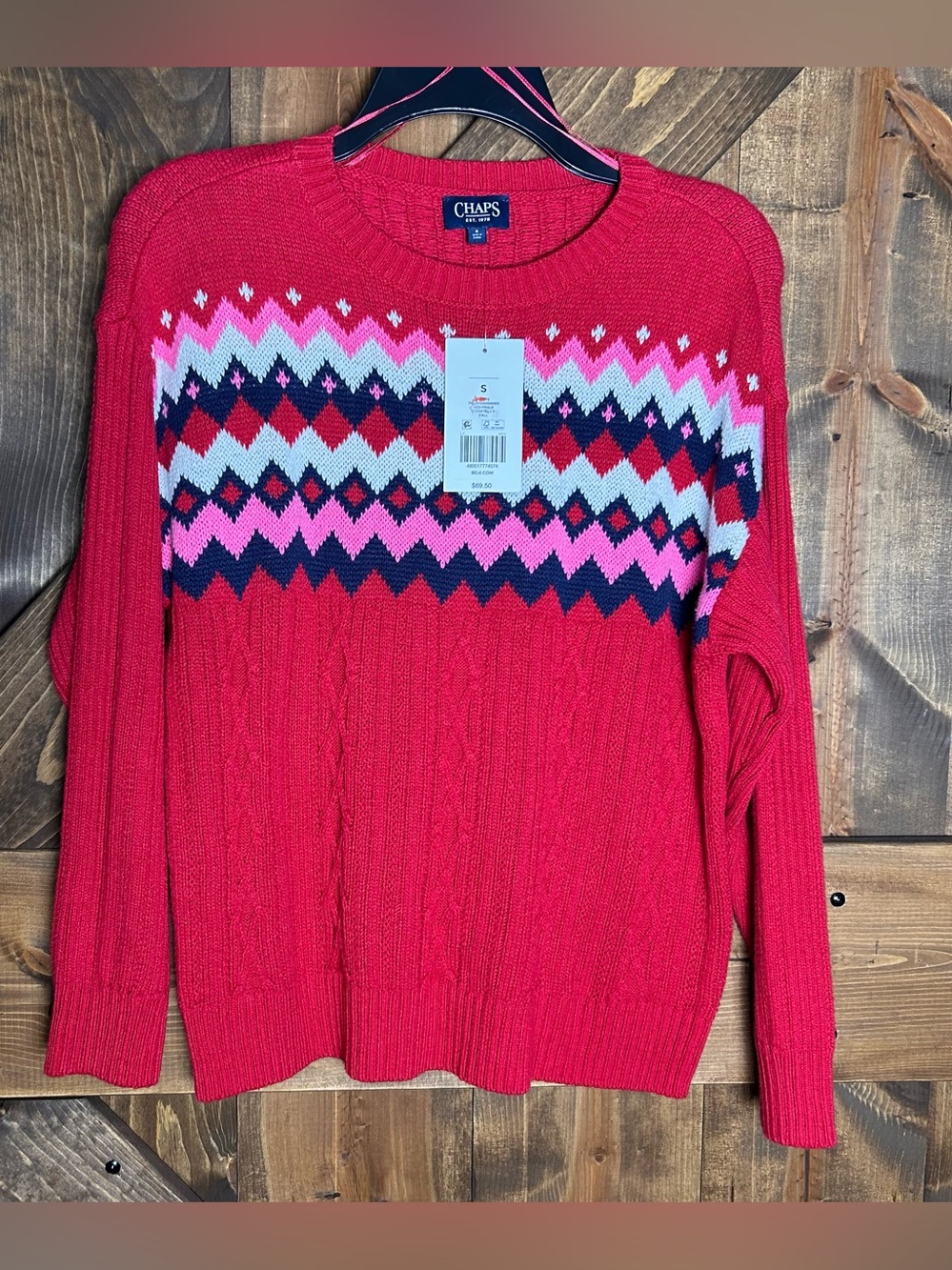 Chaps Red Chevron Yoke Cable-Knit Crew Sweater
